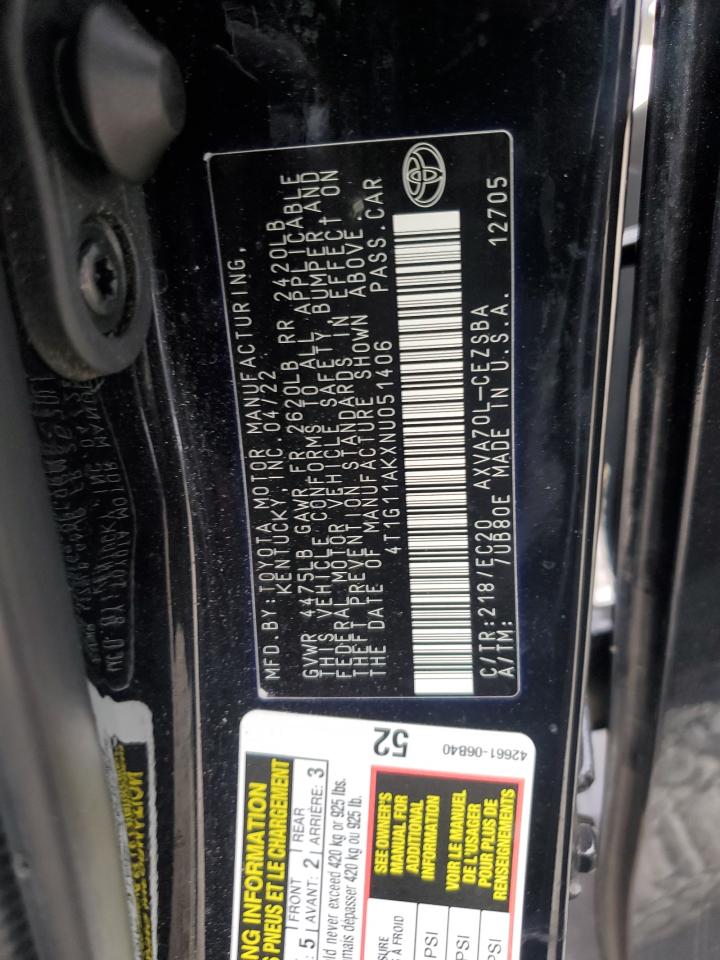 2022 TOYOTA CAMRY SE VIN:4T1G11AKXNU051406