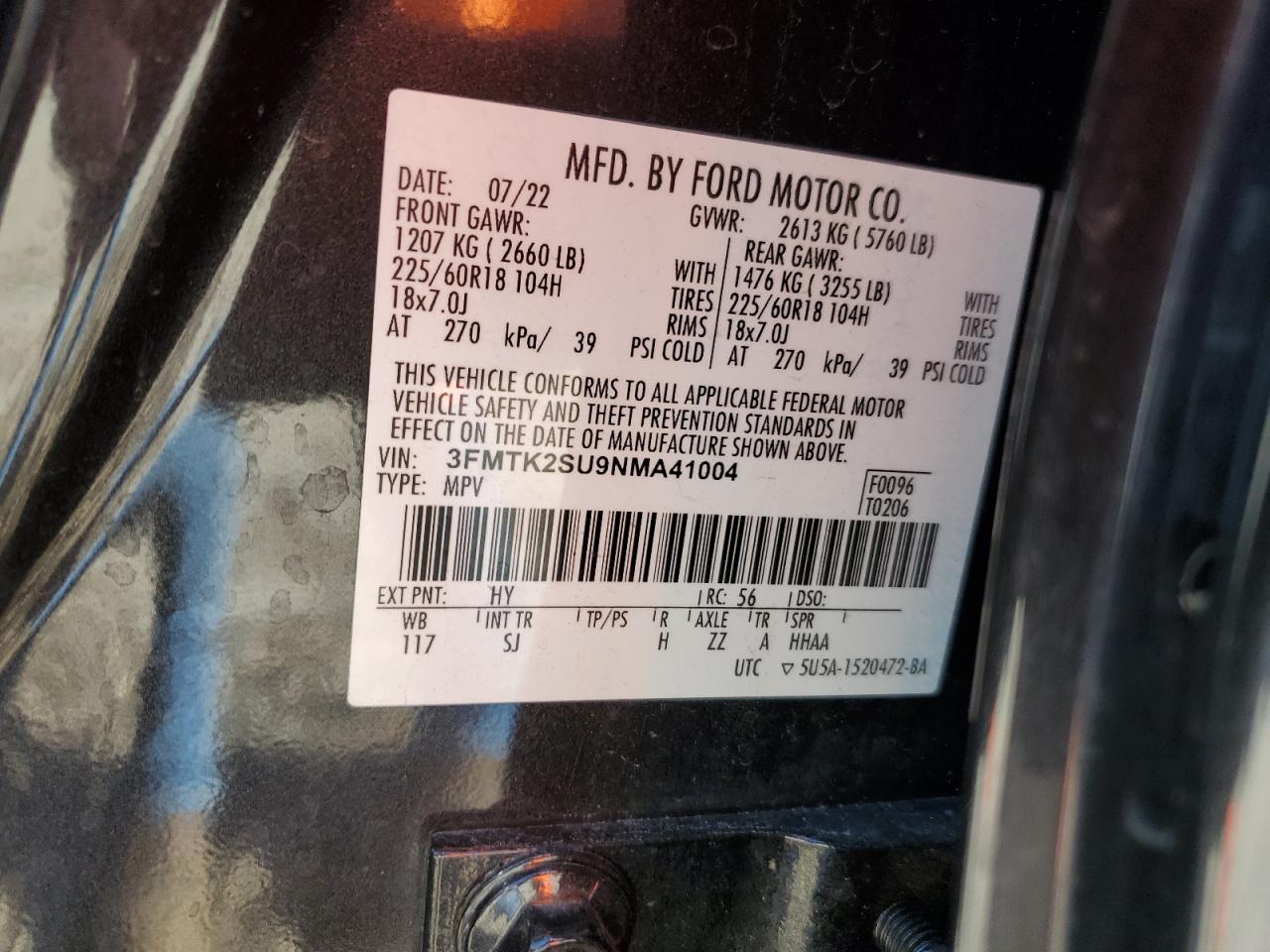 2022 FORD MUSTANG MACH-E CALIFORNIA ROUTE 1 VIN:3FMTK2SU9NMA41004