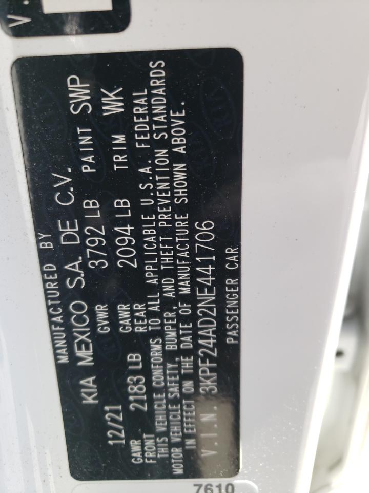 2022 KIA FORTE FE VIN:3KPF24AD2NE441706