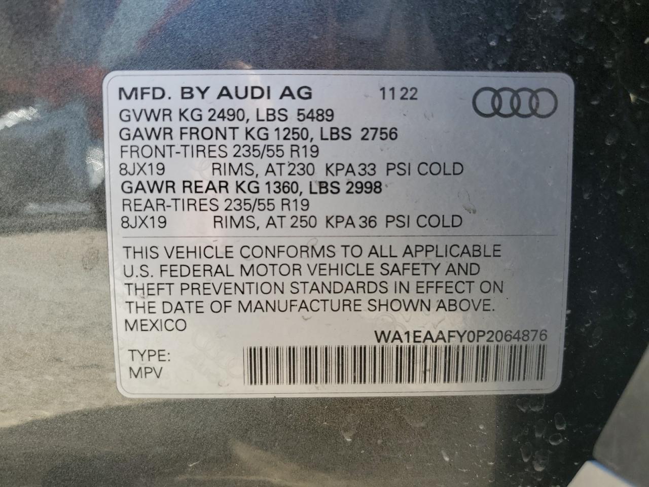 2023 AUDI Q5 PREMIUM PLUS 45 VIN:WA1EAAFY0P2064876