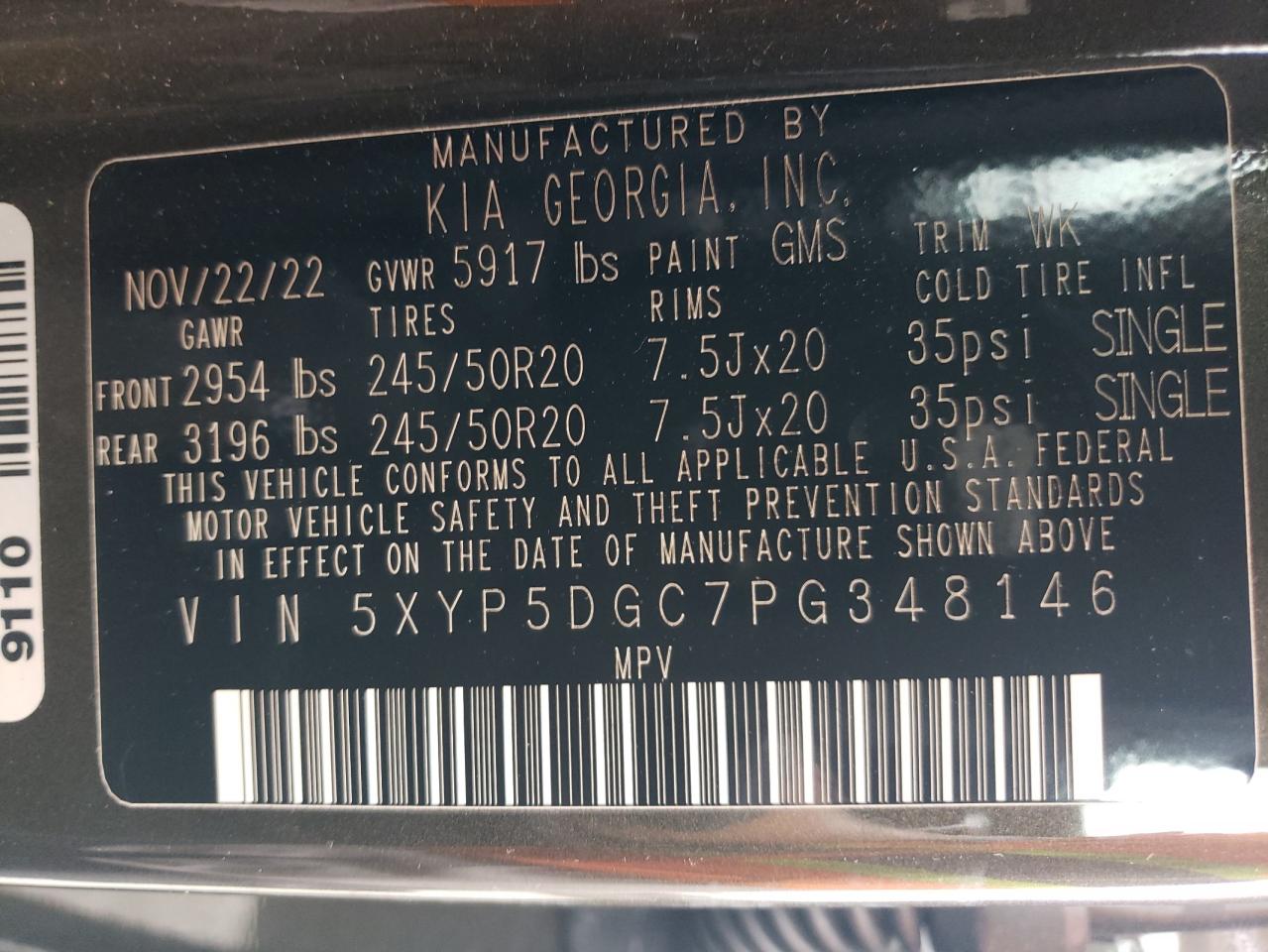 2023 KIA TELLURIDE SX VIN:5XYP5DGC7PG348146