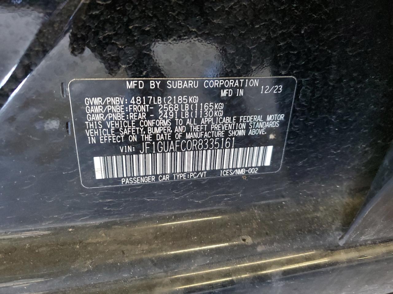 2024 SUBARU IMPREZA SPORT VIN:JF1GUAFC0R8335161