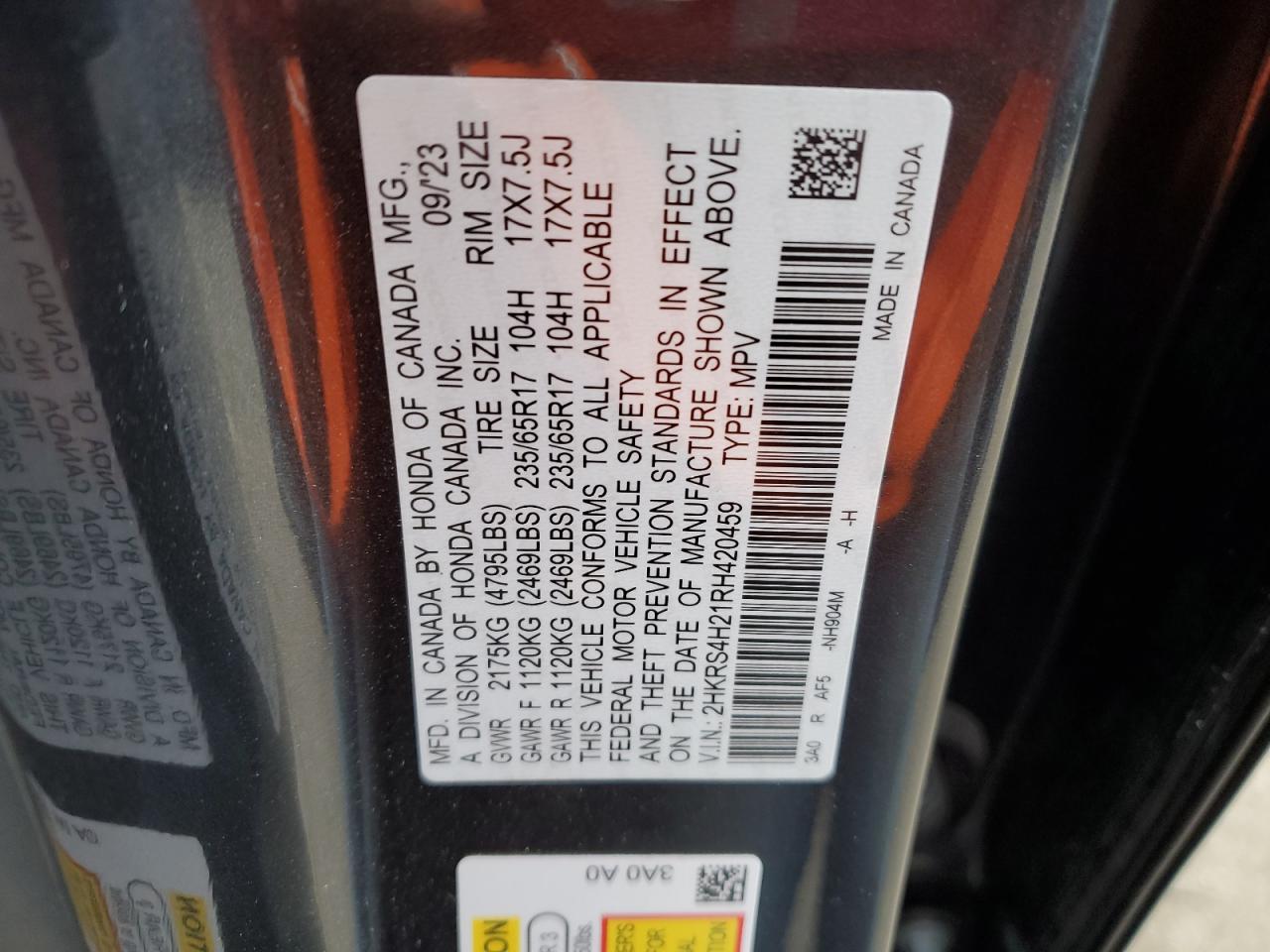 2024 HONDA CR-V LX VIN:2HKRS4H21RH420459