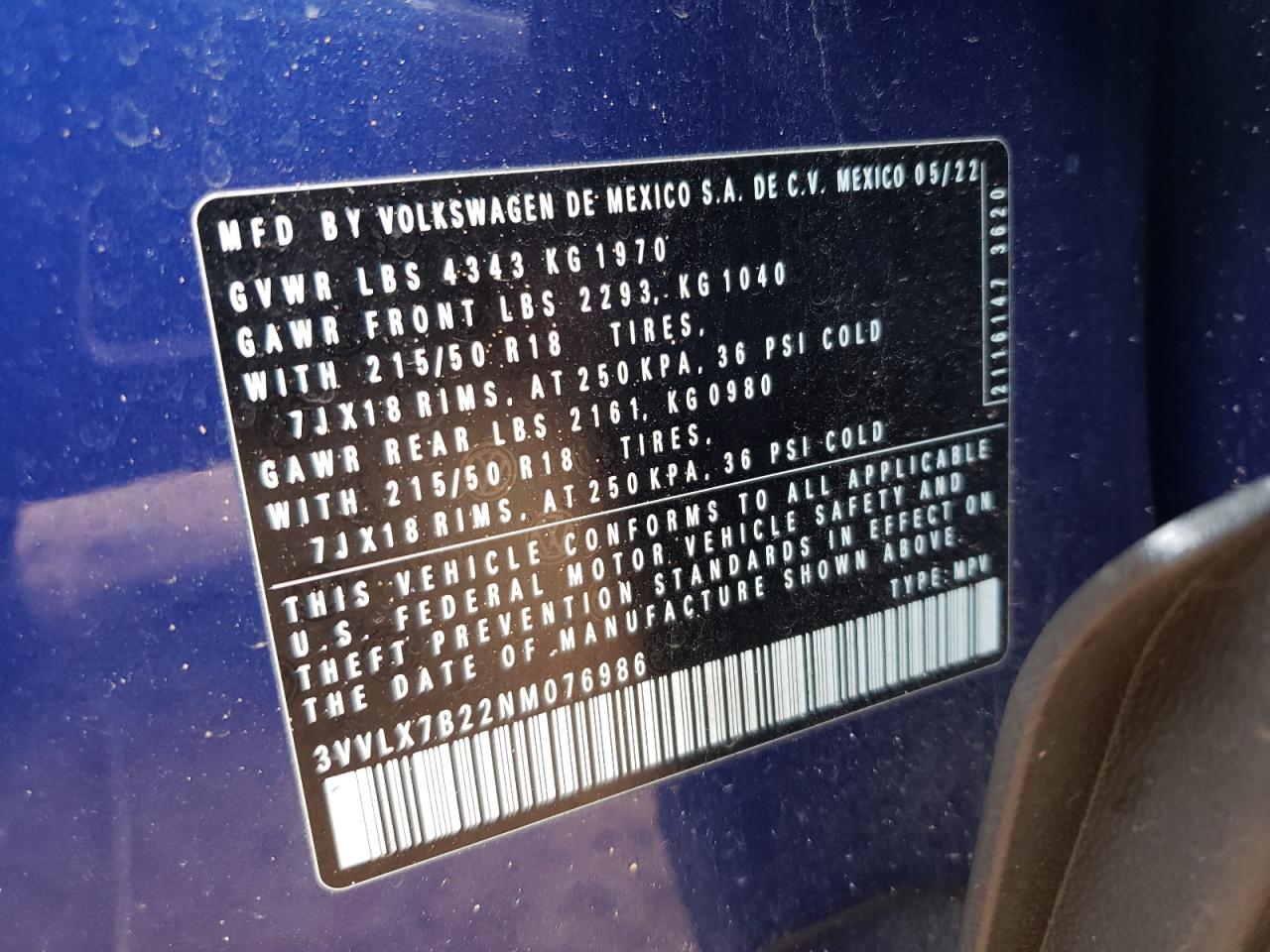 2022 VOLKSWAGEN TAOS SE IQ DRIVE VIN:3VVLX7B22NM076986