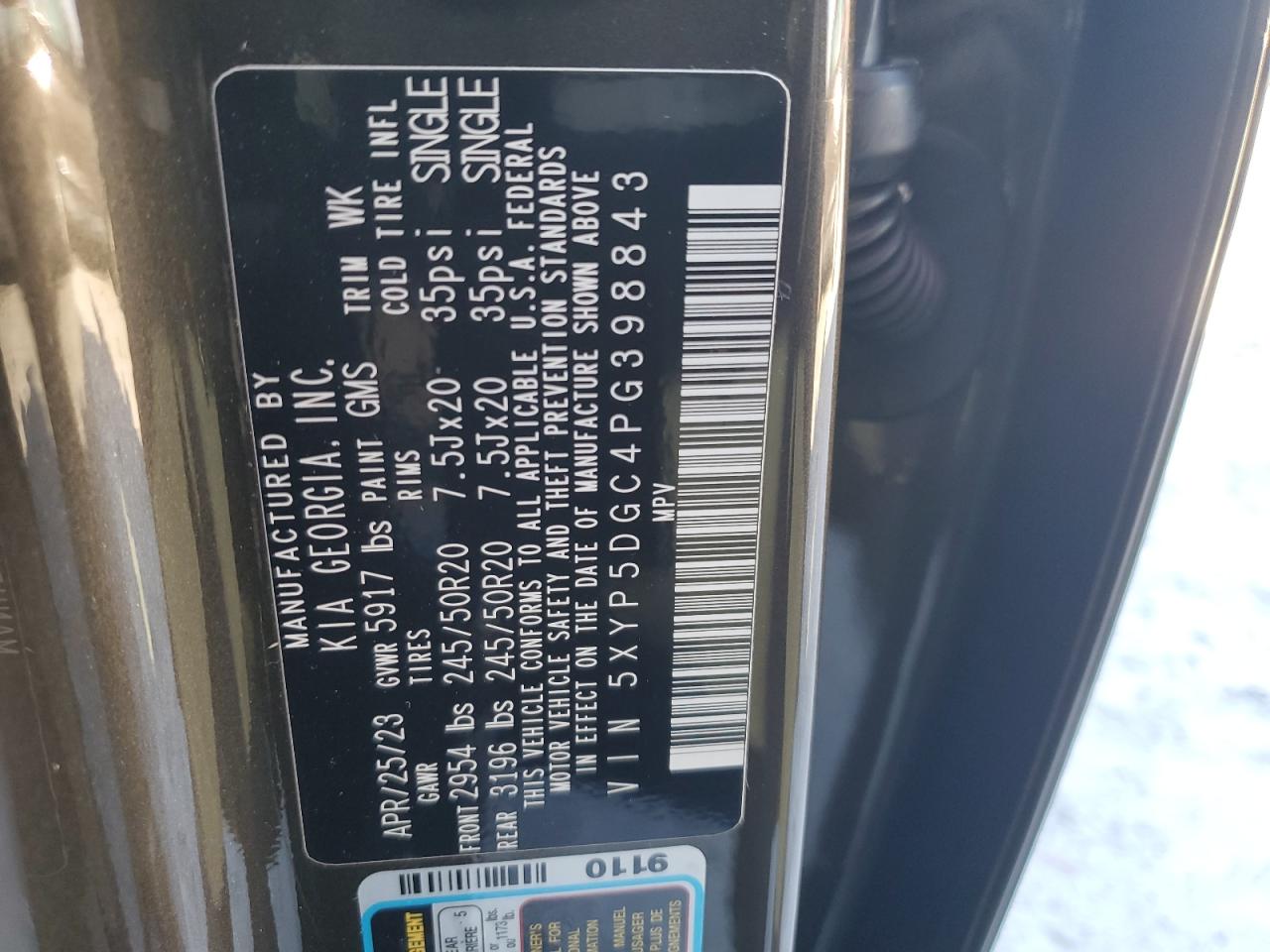 2023 KIA TELLURIDE SX VIN:5XYP5DGC4PG398843