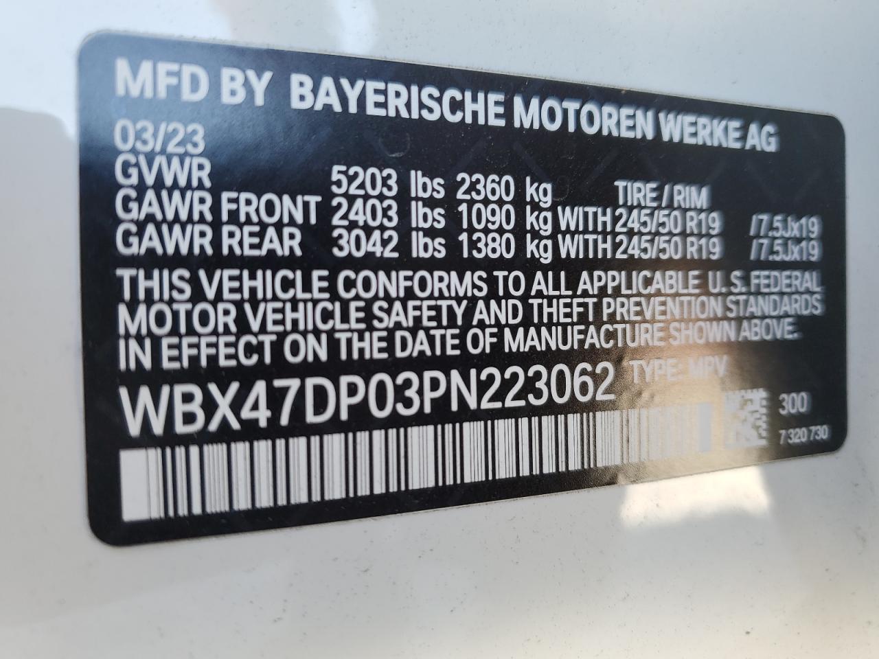 2023 BMW X3 SDRIVE30I VIN:WBX47DP03PN223062