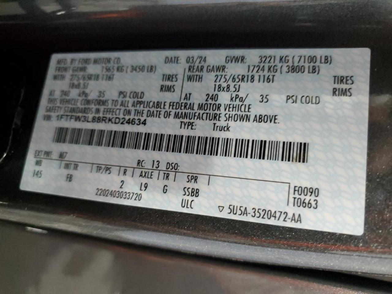 2024 FORD F150 XLT VIN:1FTFW3L88RKD24634