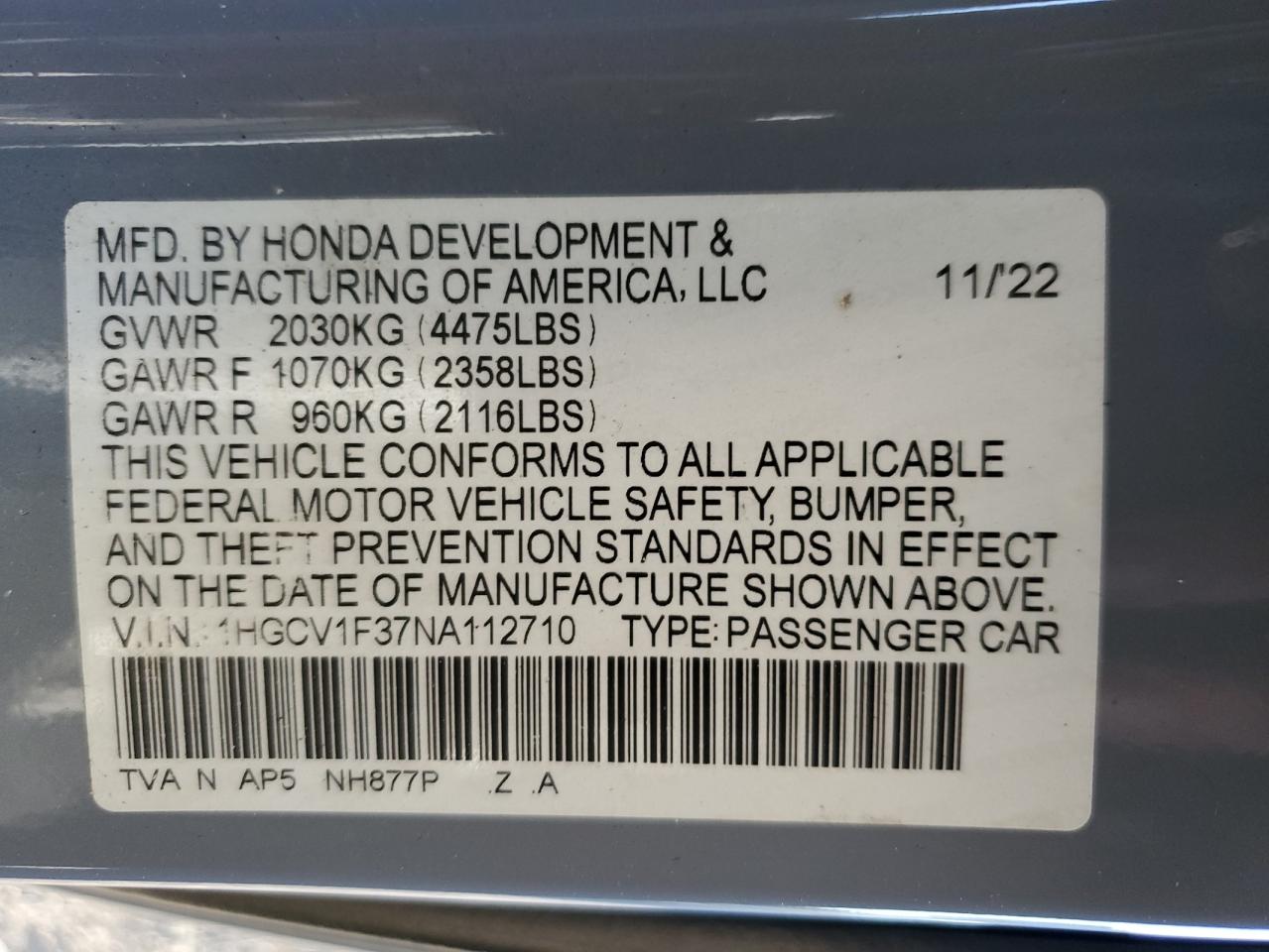 2022 HONDA ACCORD SPORT VIN:1HGCV1F37NA112710