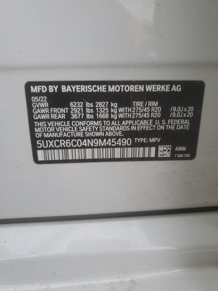 2022 BMW X5 XDRIVE40I VIN:5UXCR6C04N9M45490