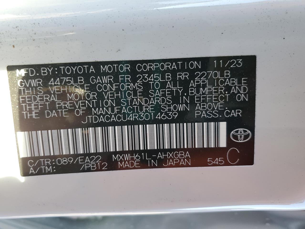 2024 TOYOTA PRIUS PRIME SE VIN:JTDACACU4R3014639