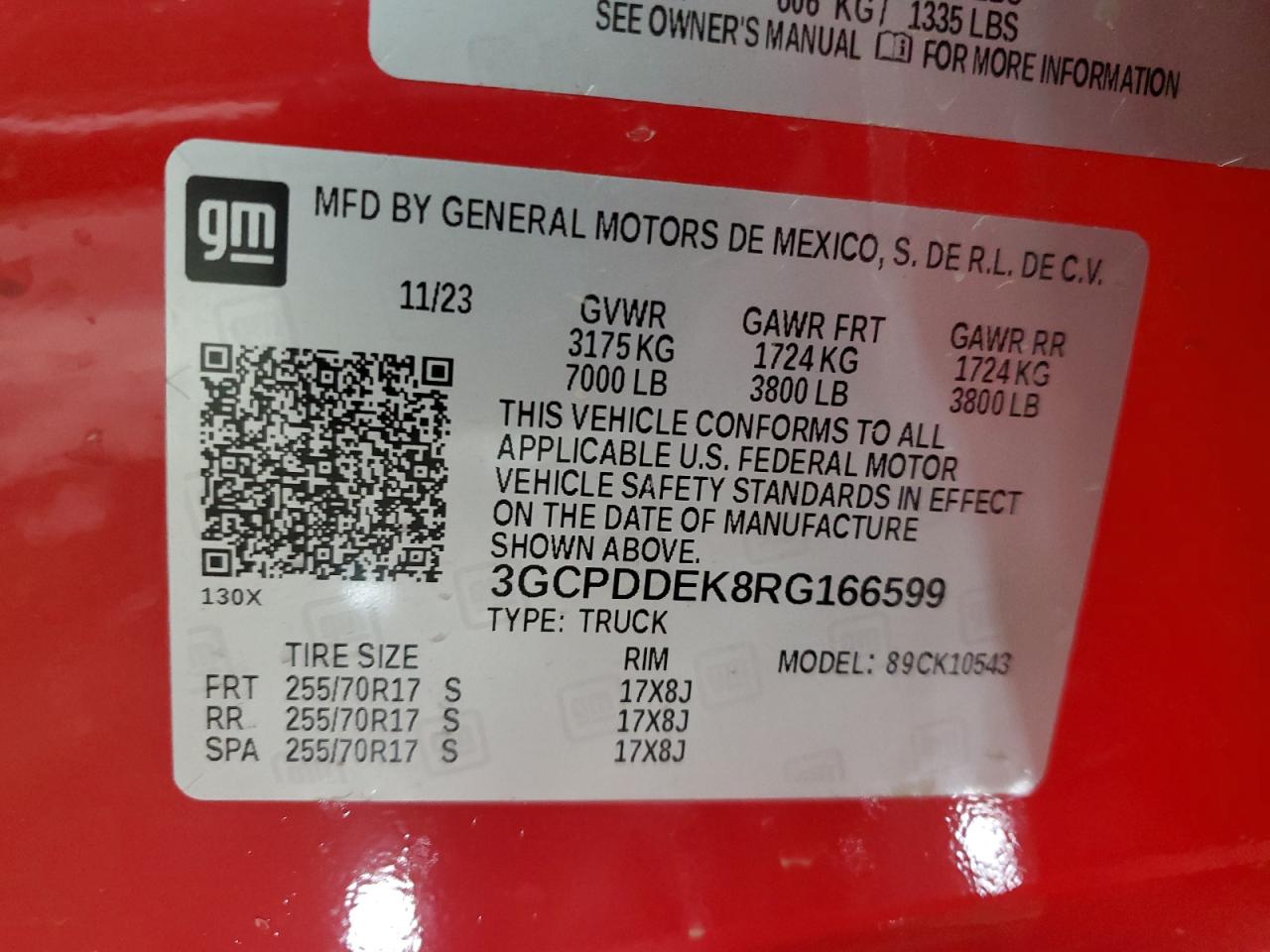 2024 CHEVROLET SILVERADO K1500 LT VIN:3GCPDDEK8RG166599