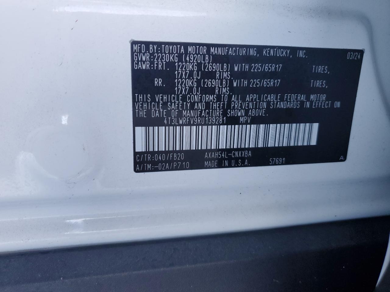 2024 TOYOTA RAV4 LE VIN:4T3LWRFV9RU139281