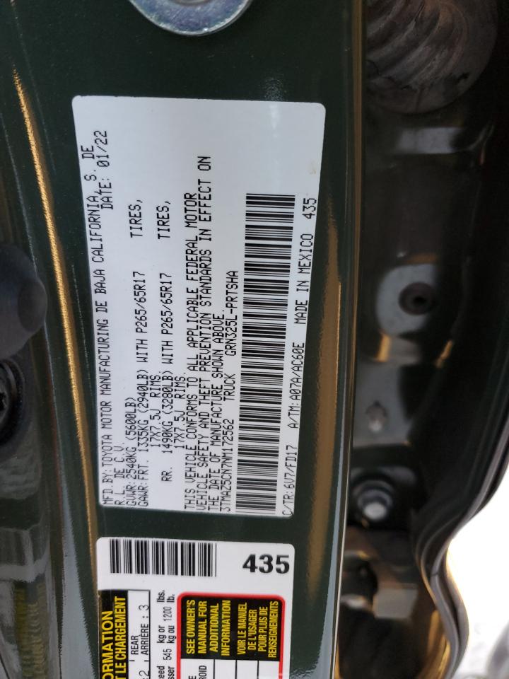 2022 TOYOTA TACOMA DOUBLE CAB VIN:3TMAZ5CN7NM172562