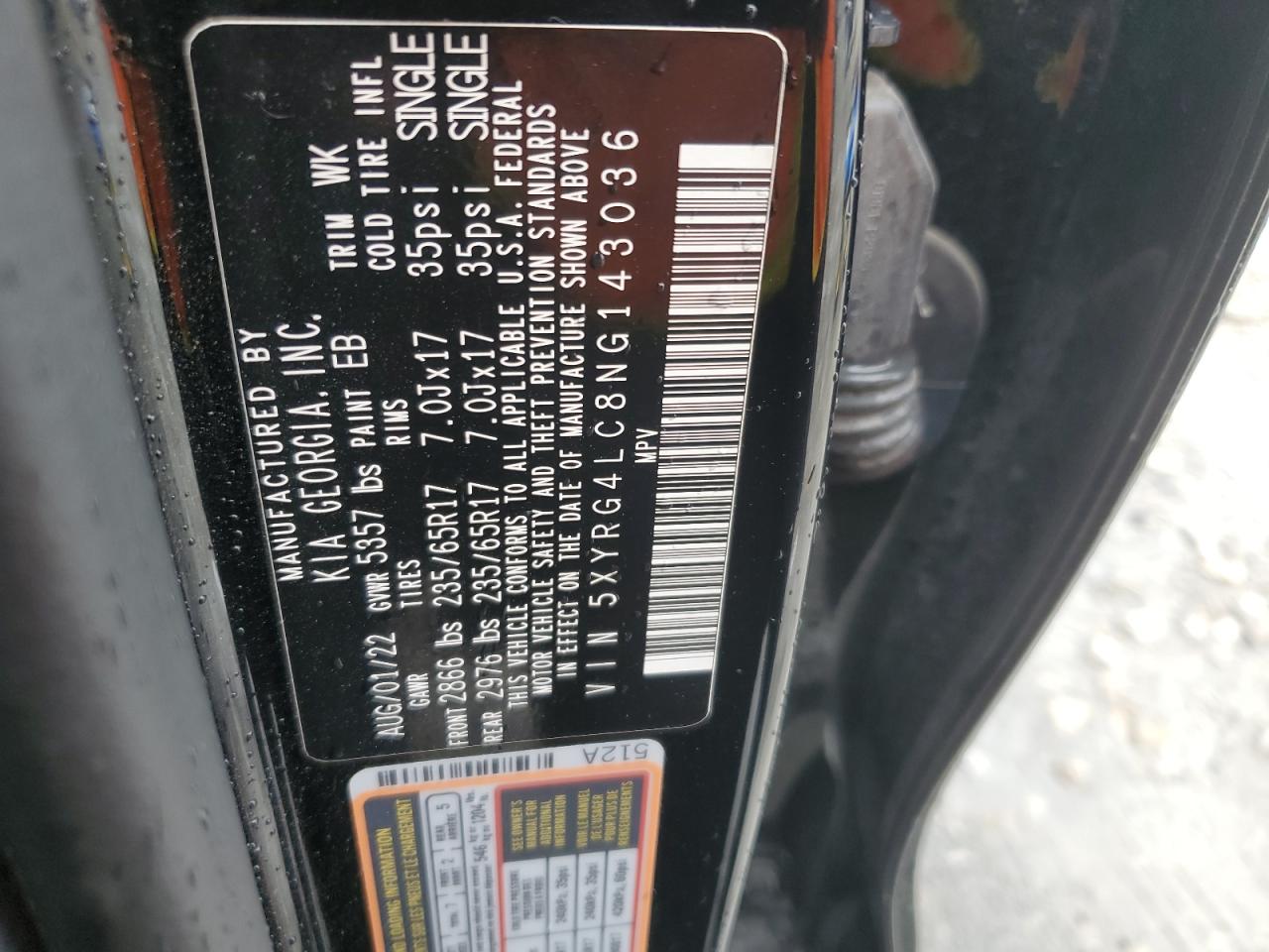 2022 KIA SORENTO LX VIN:5XYRG4LC8NG143036