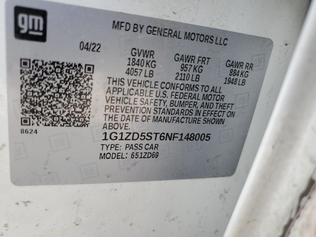 2022 CHEVROLET MALIBU LT VIN:1G1ZD5ST6NF148005