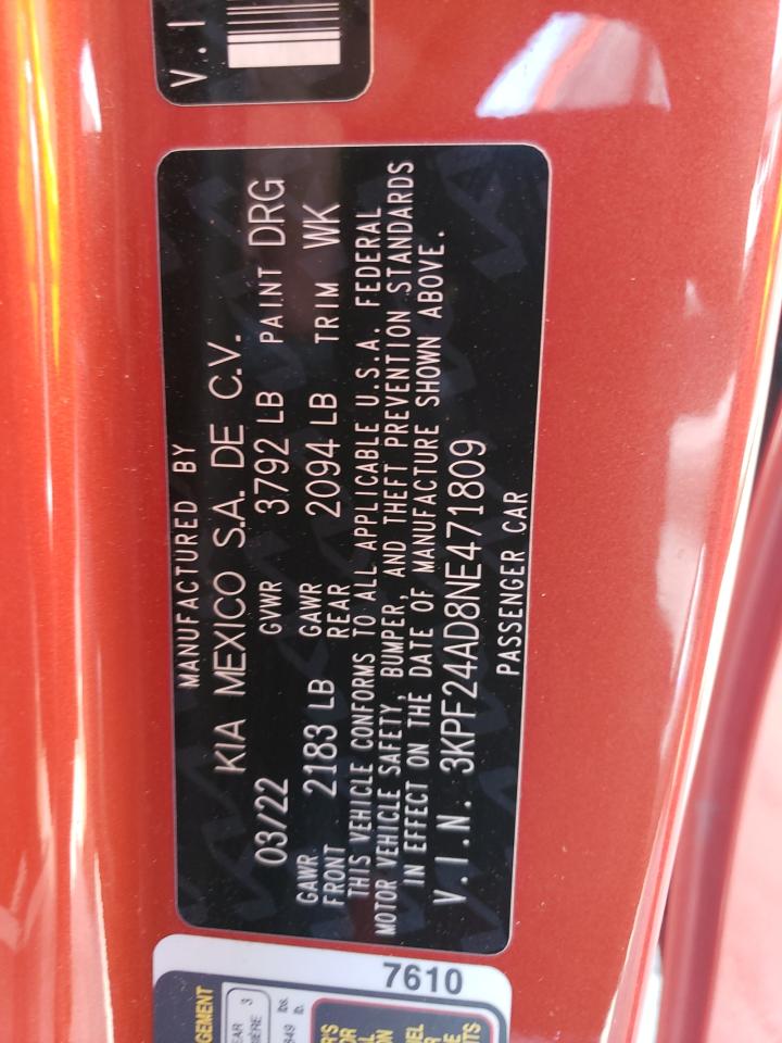 2022 KIA FORTE FE VIN:3KPF24AD8NE471809