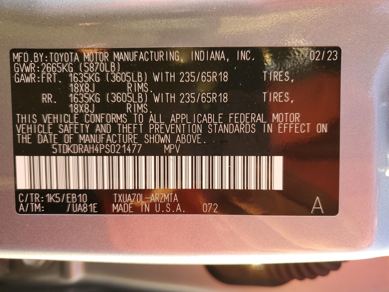 2023 TOYOTA HIGHLANDER L VIN:5TDKDRAH4PS021477