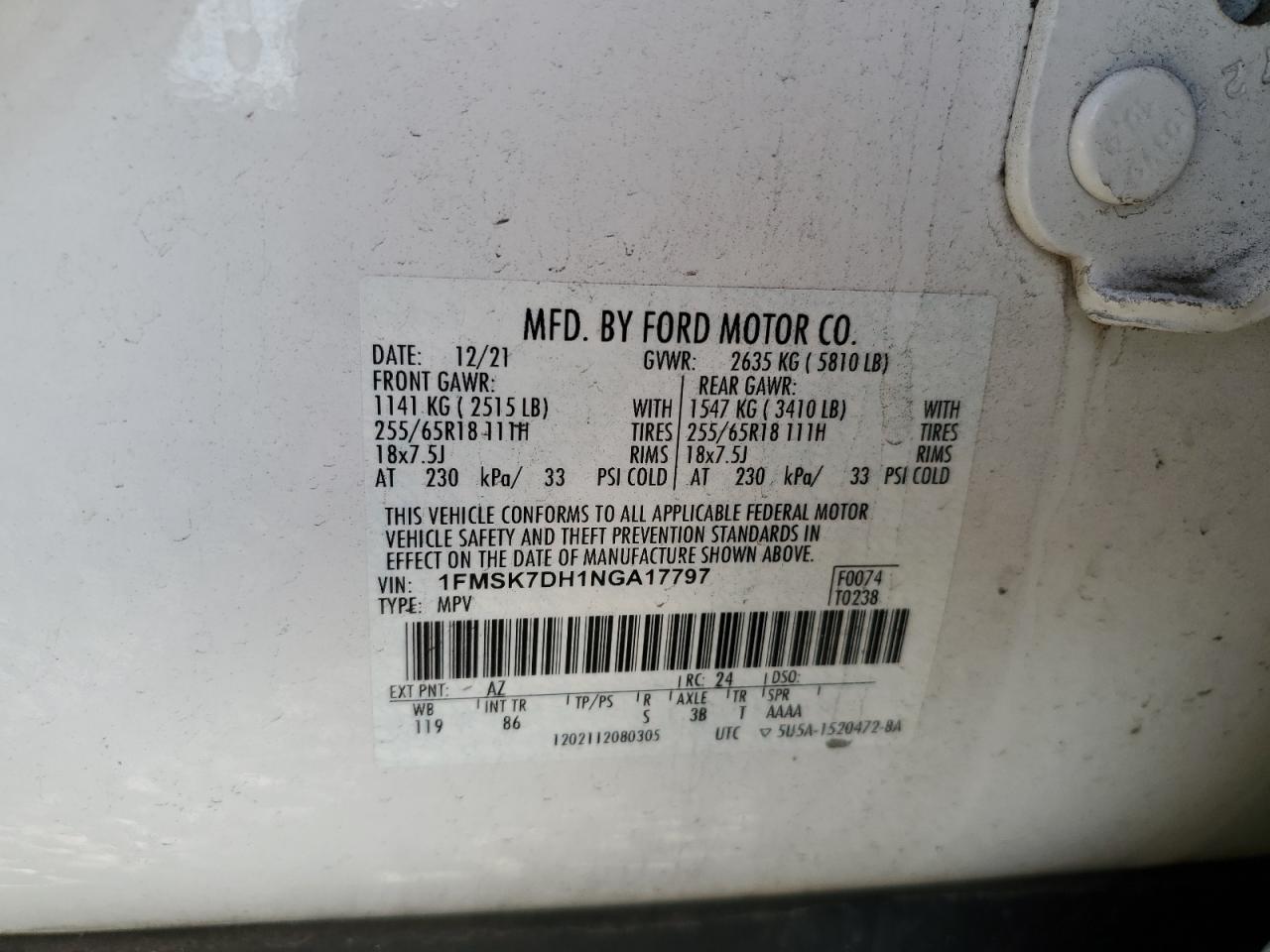 2022 FORD EXPLORER XLT VIN:1FMSK7DH1NGA17797