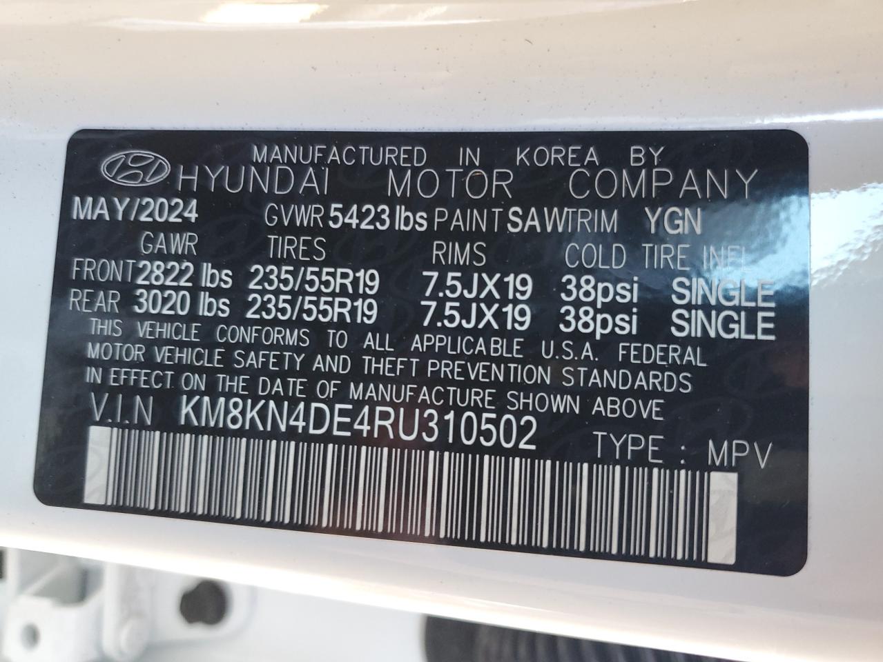 2024 HYUNDAI IONIQ 5 SEL VIN:KM8KN4DE4RU310502