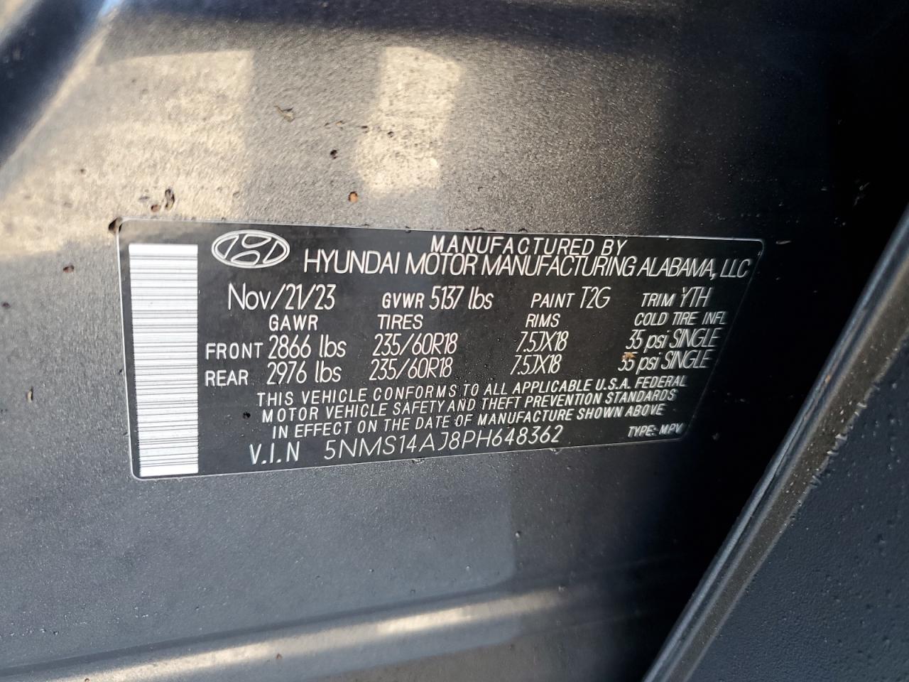 2023 HYUNDAI SANTA FE SE VIN:5NMS14AJ8PH648362