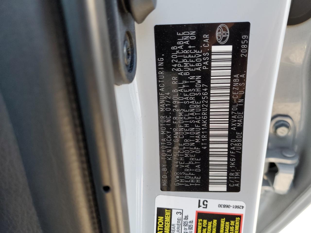 2024 TOYOTA CAMRY LE VIN:4T1R11AK6RU225647