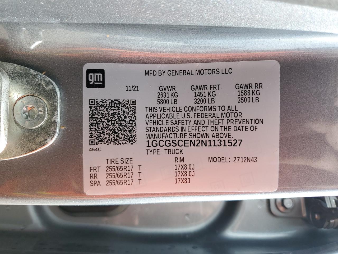 2022 CHEVROLET COLORADO LT VIN:1GCGSCEN2N1131527