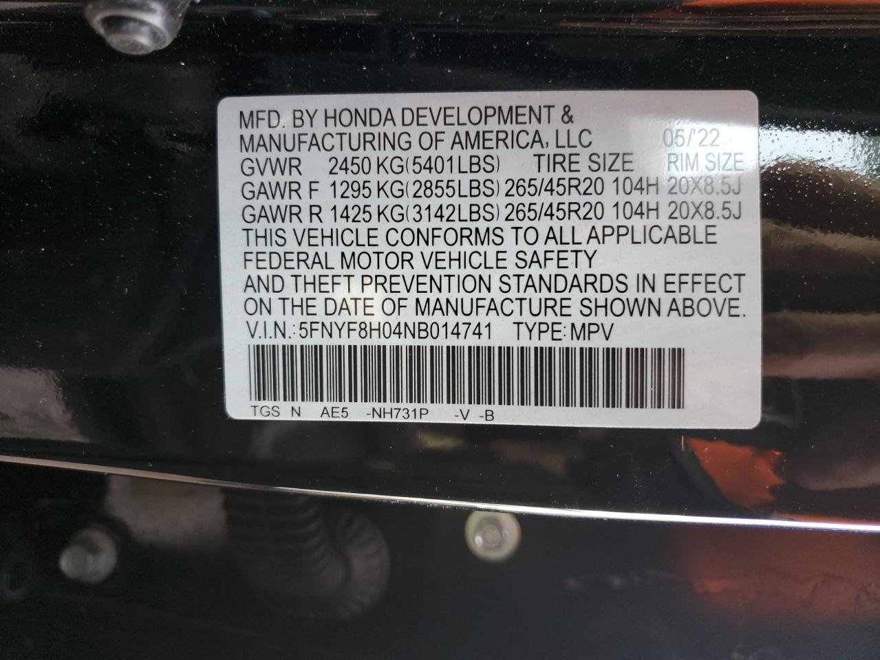 2022 HONDA PASSPORT ELITE VIN:5FNYF8H04NB014741