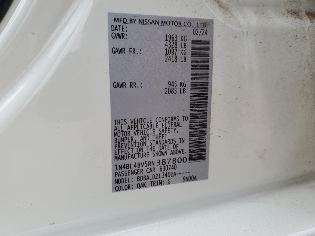 2024 NISSAN ALTIMA S VIN:1N4BL4BV5RN387800