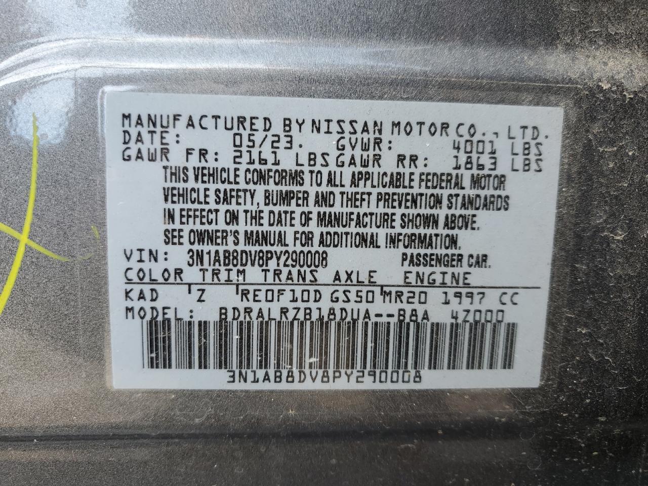 2023 NISSAN SENTRA SR VIN:3N1AB8DV8PY290008
