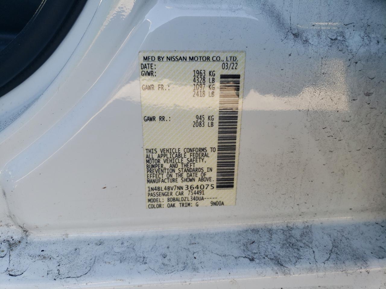 2022 NISSAN ALTIMA S VIN:1N4BL4BV7NN364075