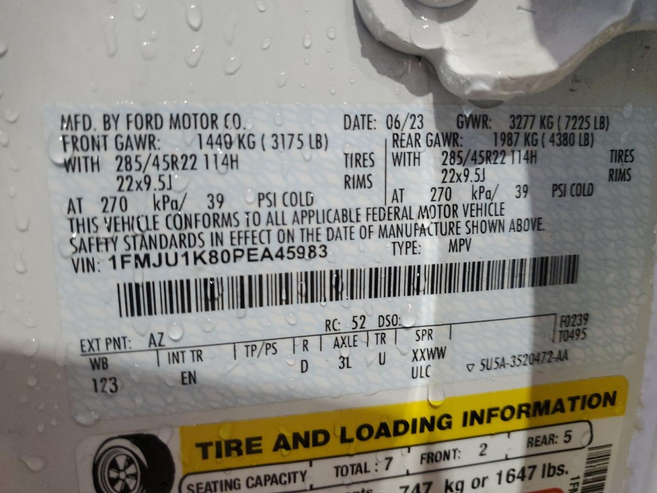 2023 FORD EXPEDITION LIMITED VIN:1FMJU1K80PEA45983
