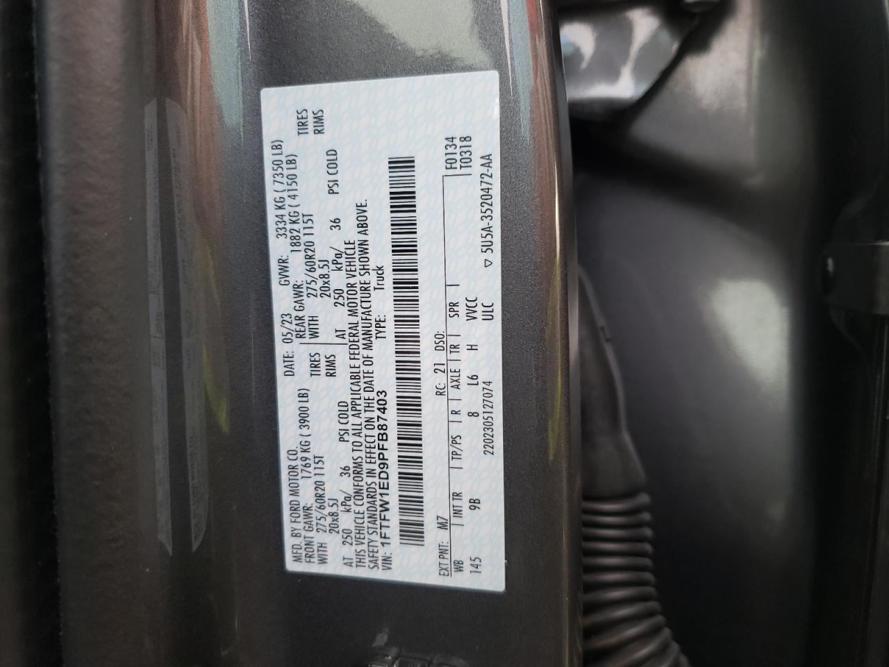 2023 FORD F150 SUPERCREW VIN:1FTFW1ED9PFB87403