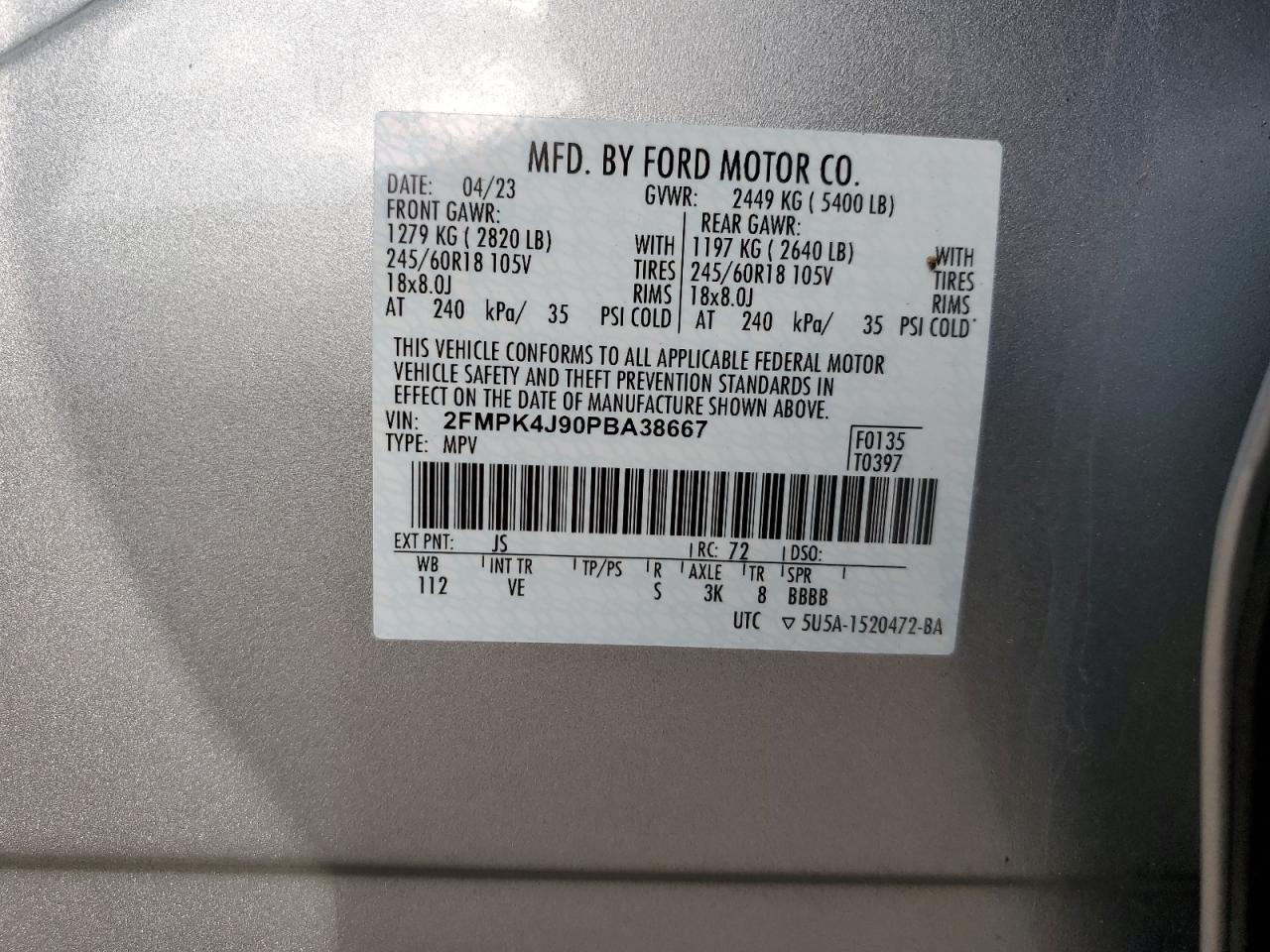 2023 FORD EDGE SEL VIN:2FMPK4J90PBA38667