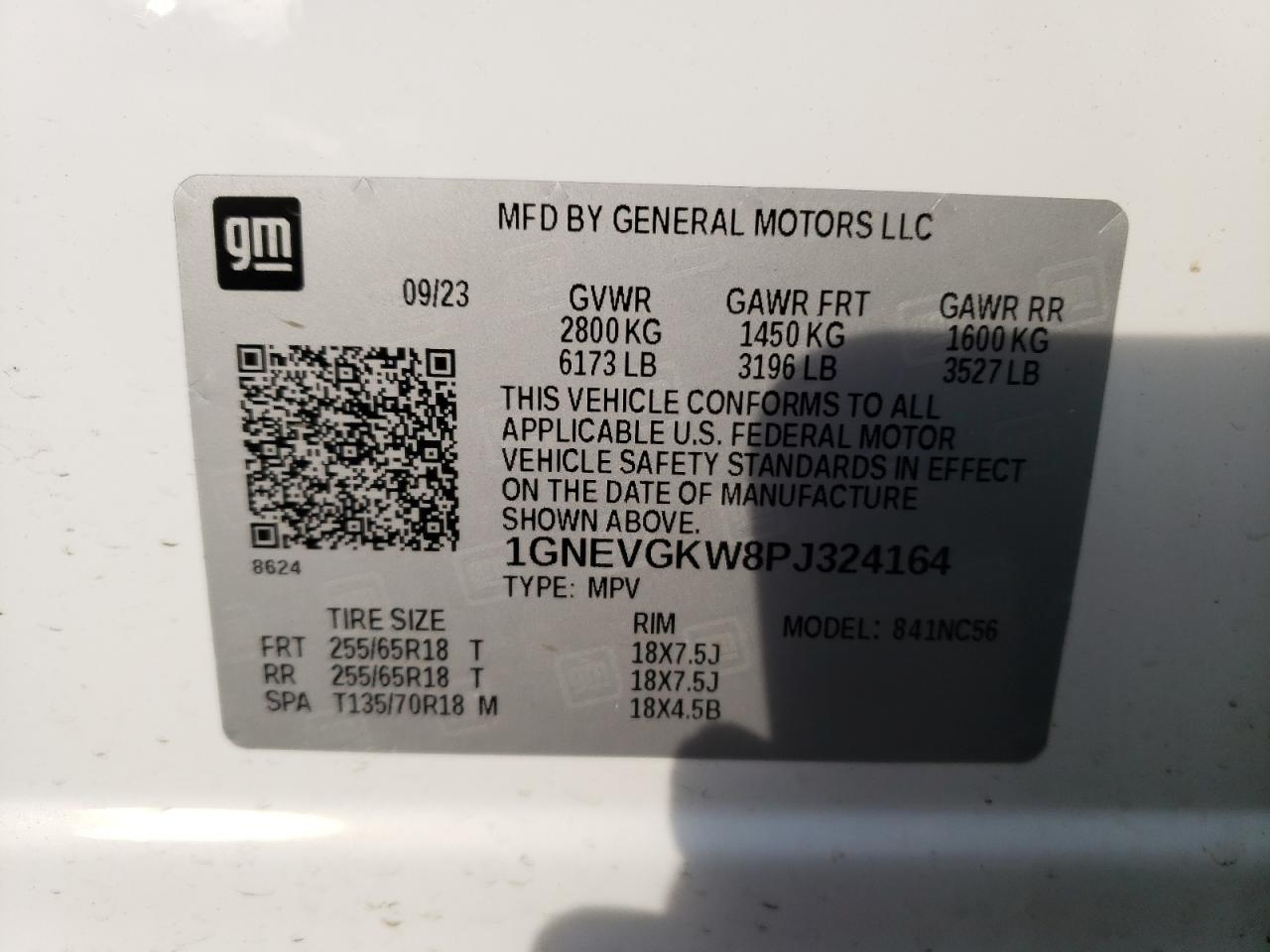 2023 CHEVROLET TRAVERSE LT VIN:1GNEVGKW8PJ324164