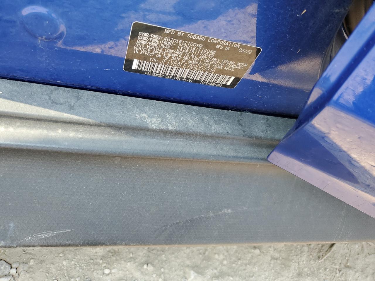 2022 SUBARU WRX PREMIUM VIN:JF1VBAF67N9002936