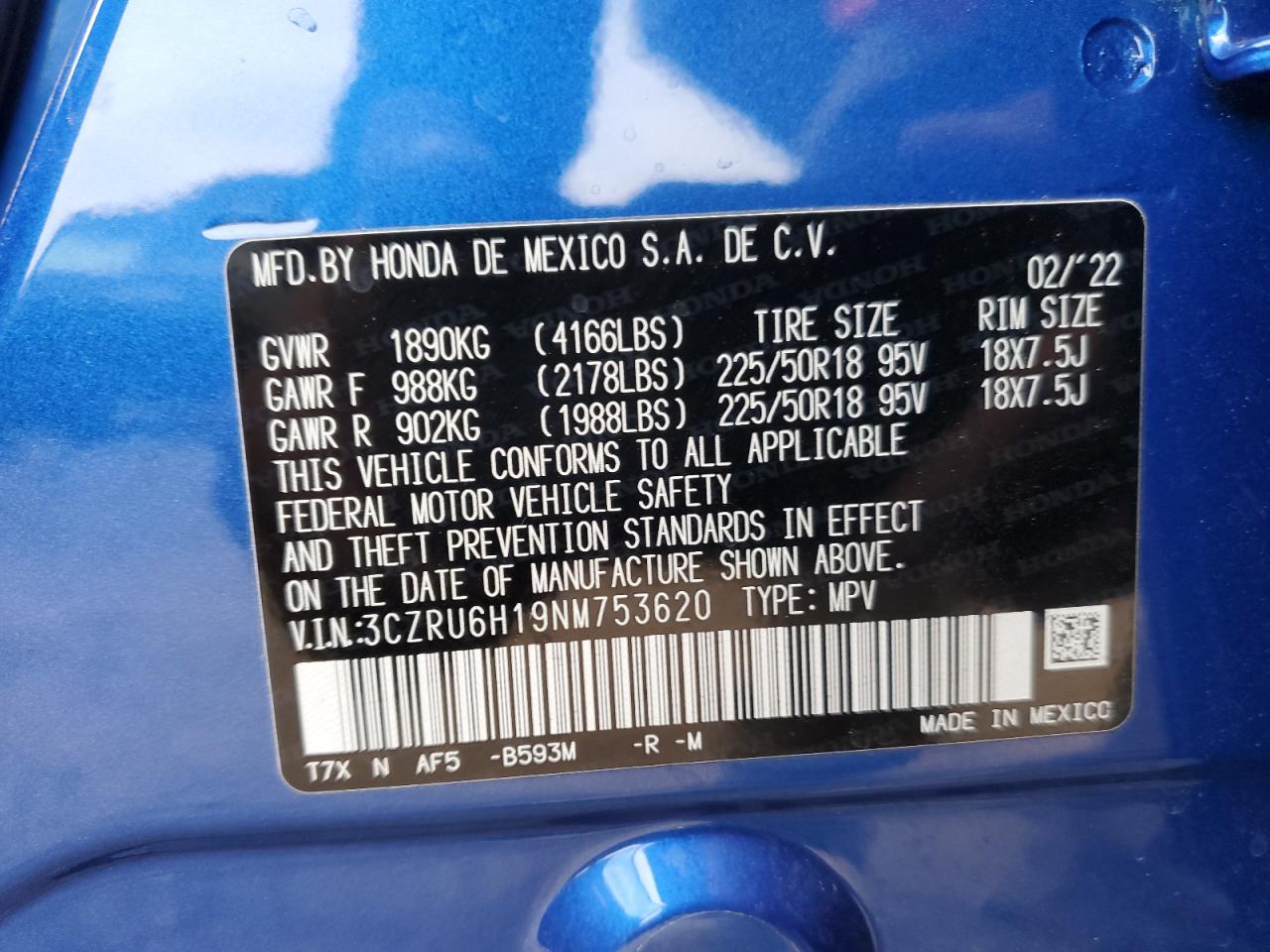 2022 HONDA HR-V SPORT VIN:3CZRU6H19NM753620
