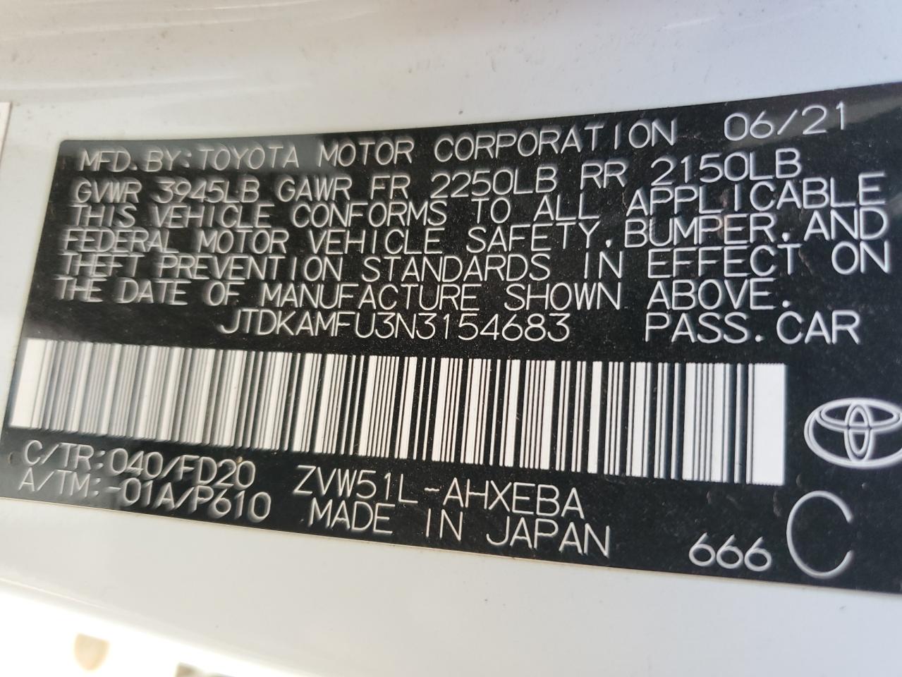 2022 TOYOTA PRIUS NIGHT SHADE VIN:JTDKAMFU3N3154683