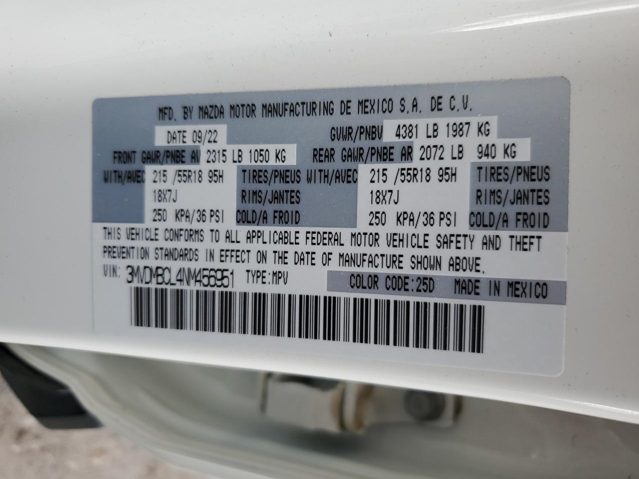 2022 MAZDA CX-30 PREFERRED VIN:3MVDMBCL4NM456951