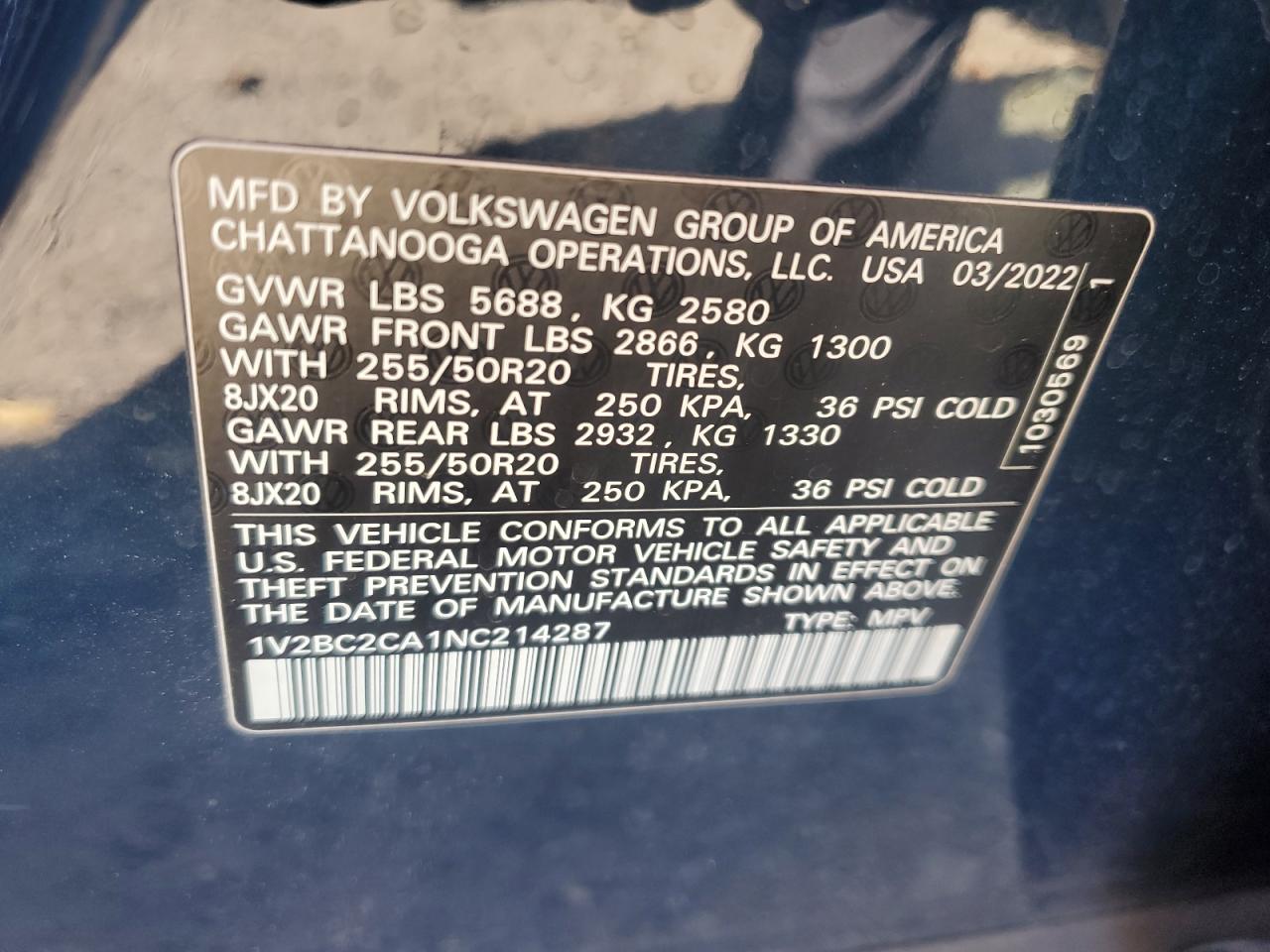 2022 VOLKSWAGEN ATLAS CROSS SPORT SEL VIN:1V2BC2CA1NC214287