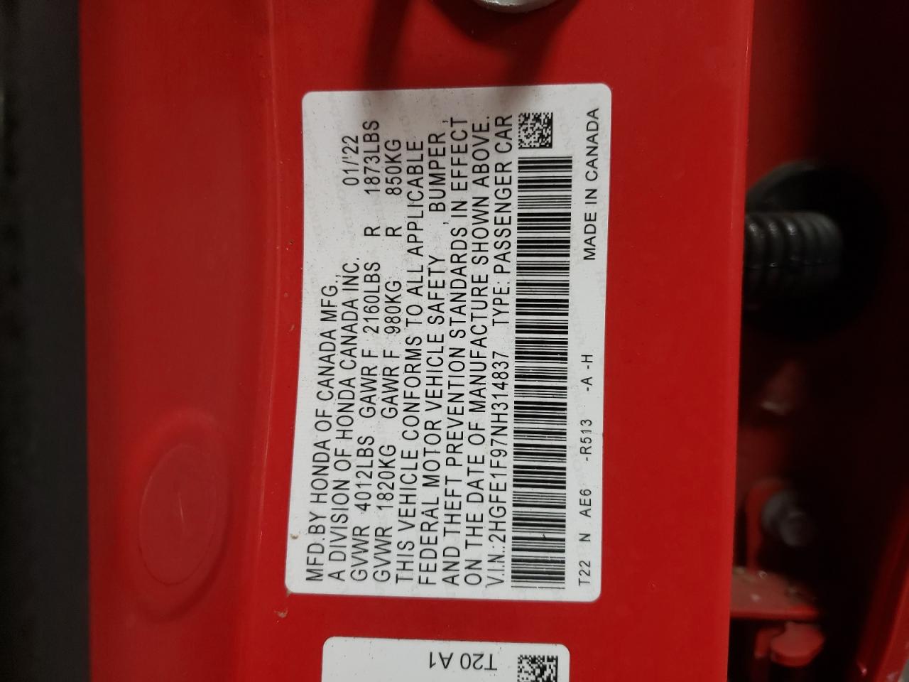 2022 HONDA CIVIC TOURING VIN:2HGFE1F97NH314837