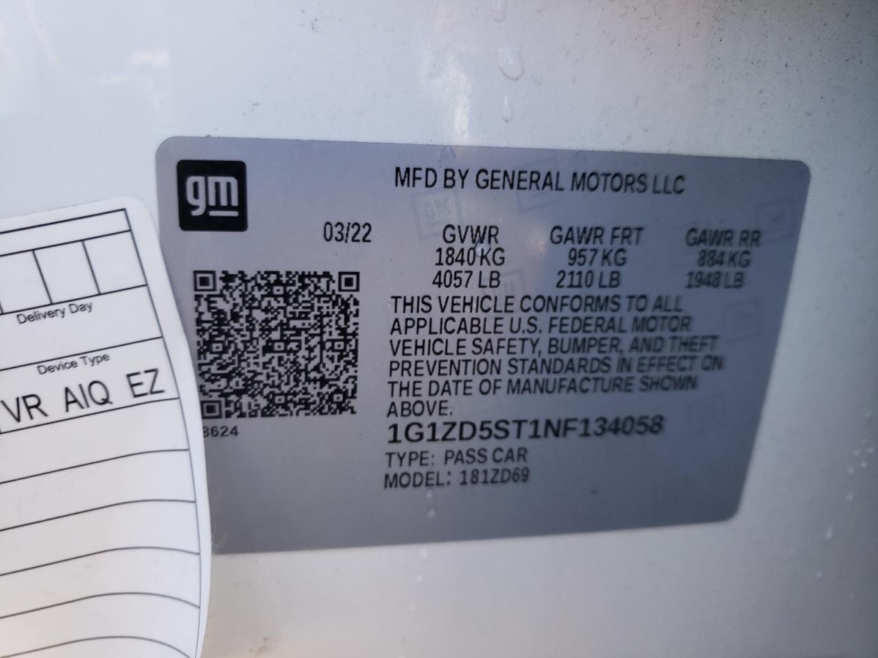 2022 CHEVROLET MALIBU LT VIN:1G1ZD5ST1NF134058