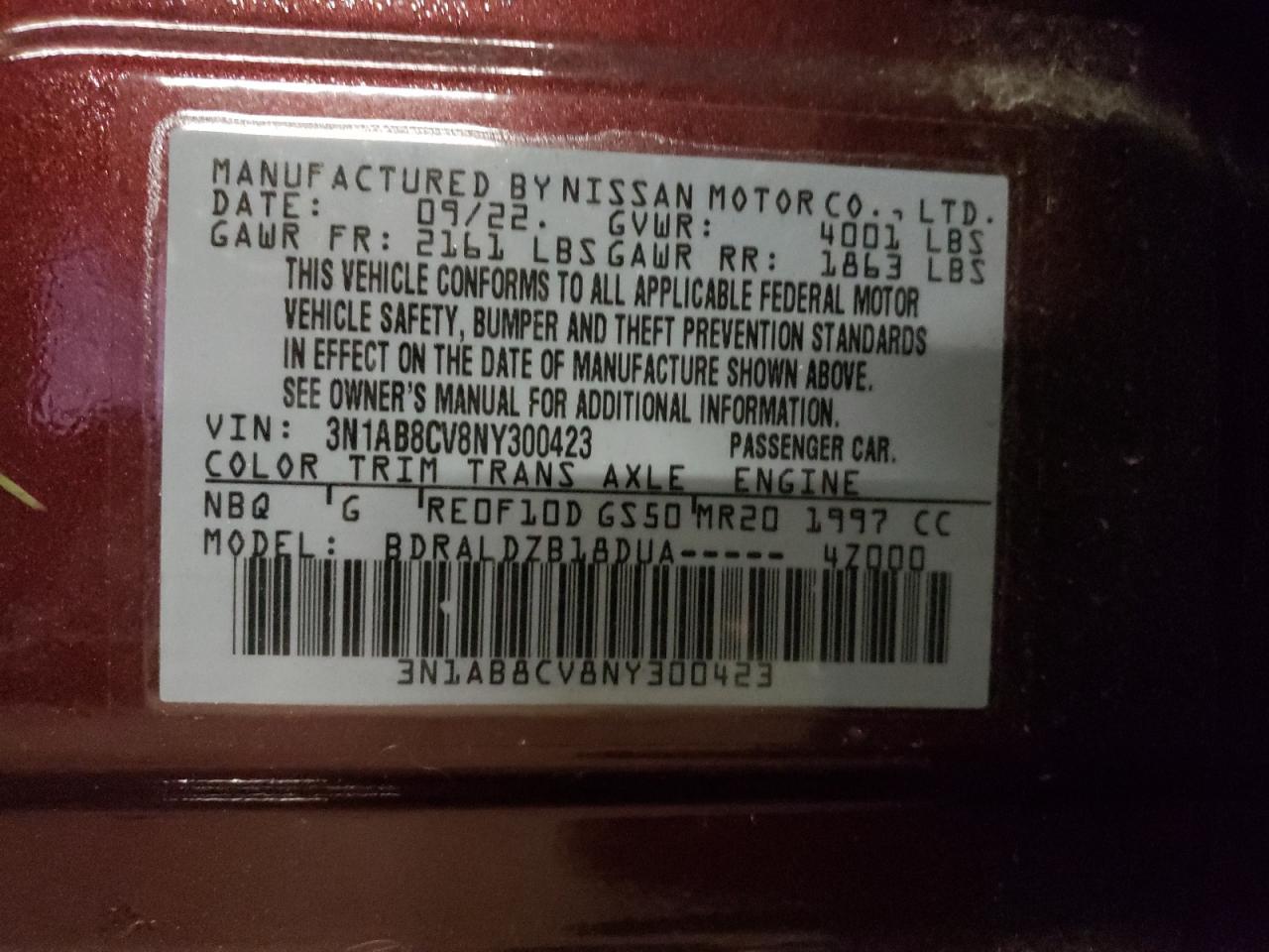 2022 NISSAN SENTRA SV VIN:3N1AB8CV8NY300423
