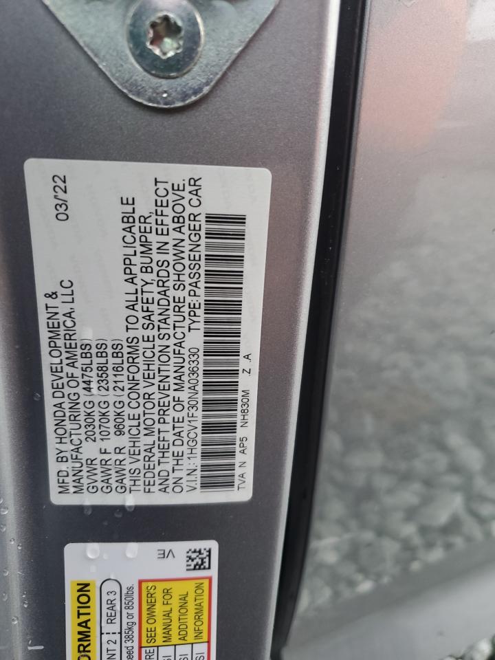 2022 HONDA ACCORD SPORT VIN:1HGCV1F30NA036330