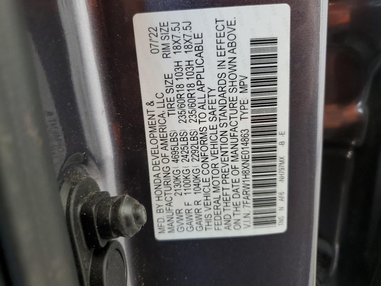 2022 HONDA CR-V EXL VIN:7FARW1H8XNE014863
