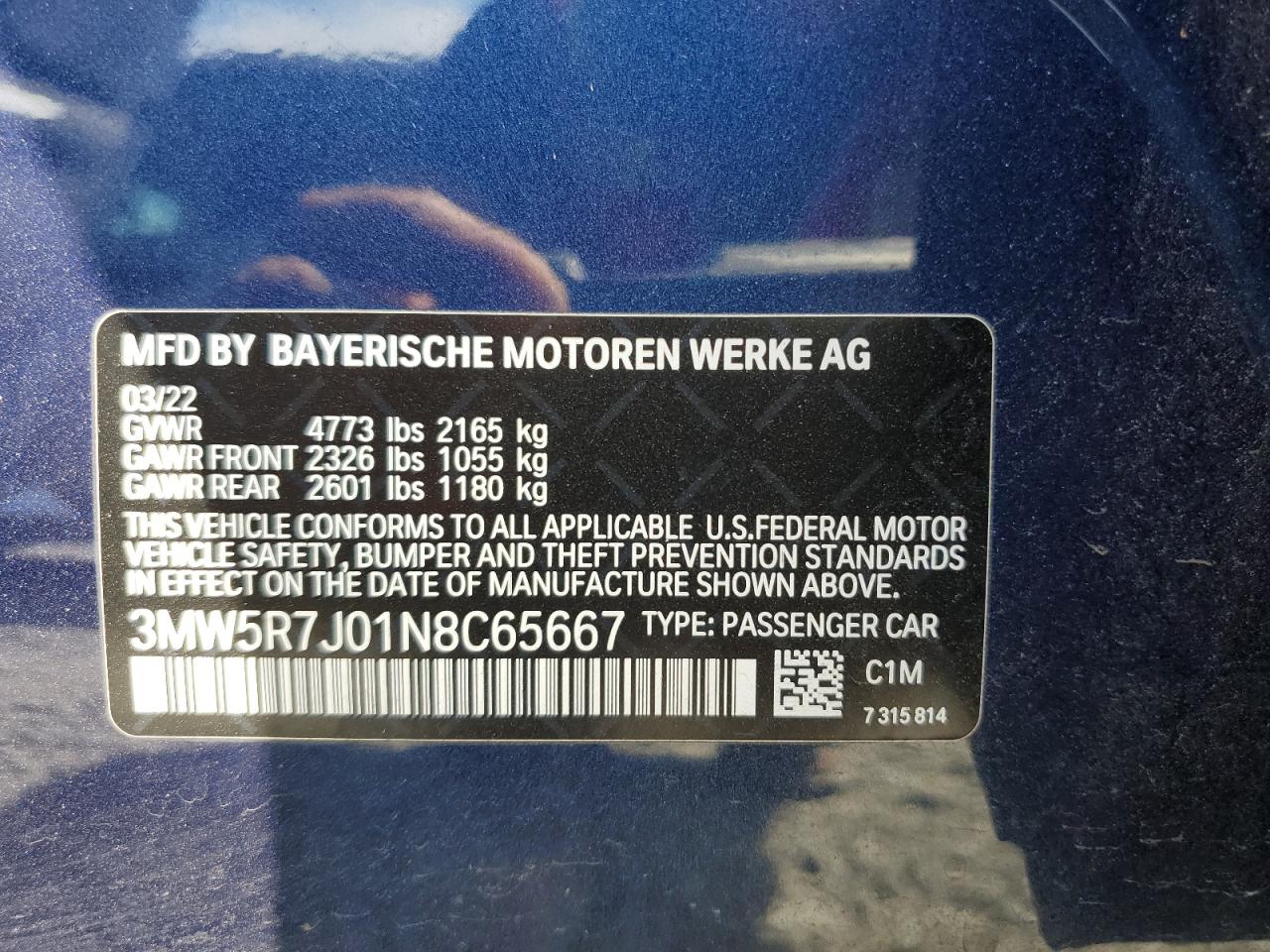 2022 BMW 330XI  VIN:3MW5R7J01N8C65667