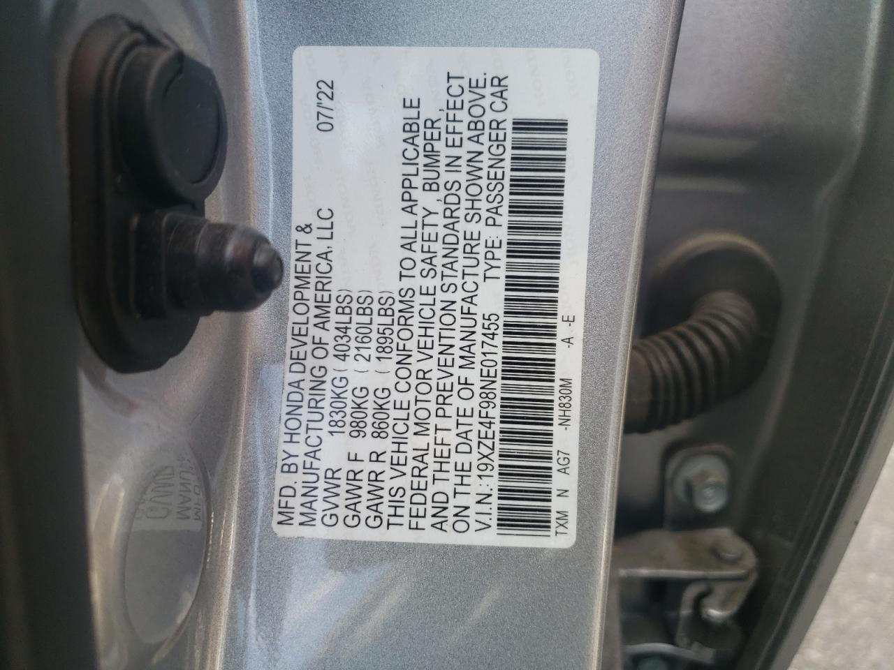 2022 HONDA INSIGHT TOURING VIN:19XZE4F98NE017455