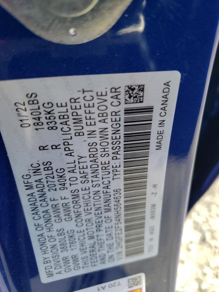 2022 HONDA CIVIC SPORT VIN:2HGFE2F54NH564636
