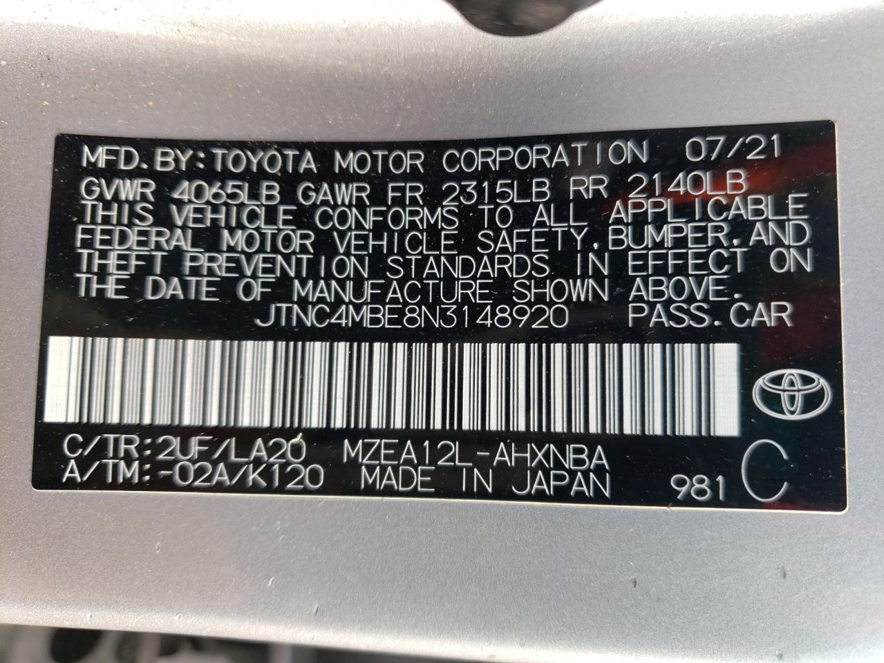 2022 TOYOTA COROLLA XSE VIN:JTNC4MBE8N3148920