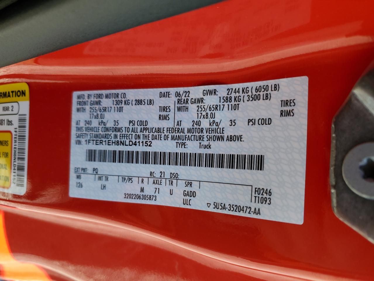 2022 FORD RANGER XL VIN:1FTER1EH8NLD41152