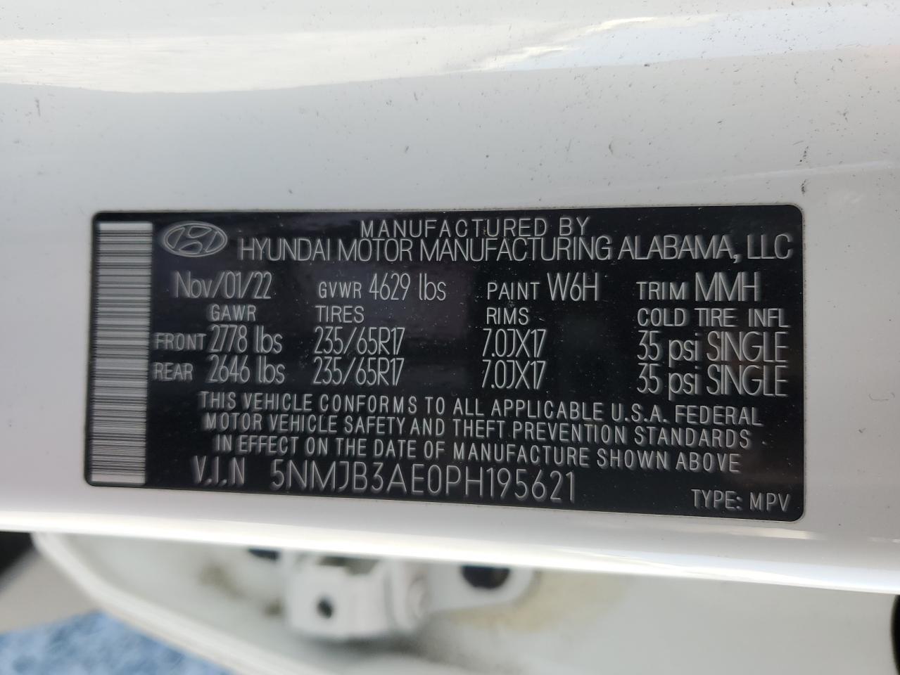 2023 HYUNDAI TUCSON SEL VIN:5NMJB3AE0PH195621